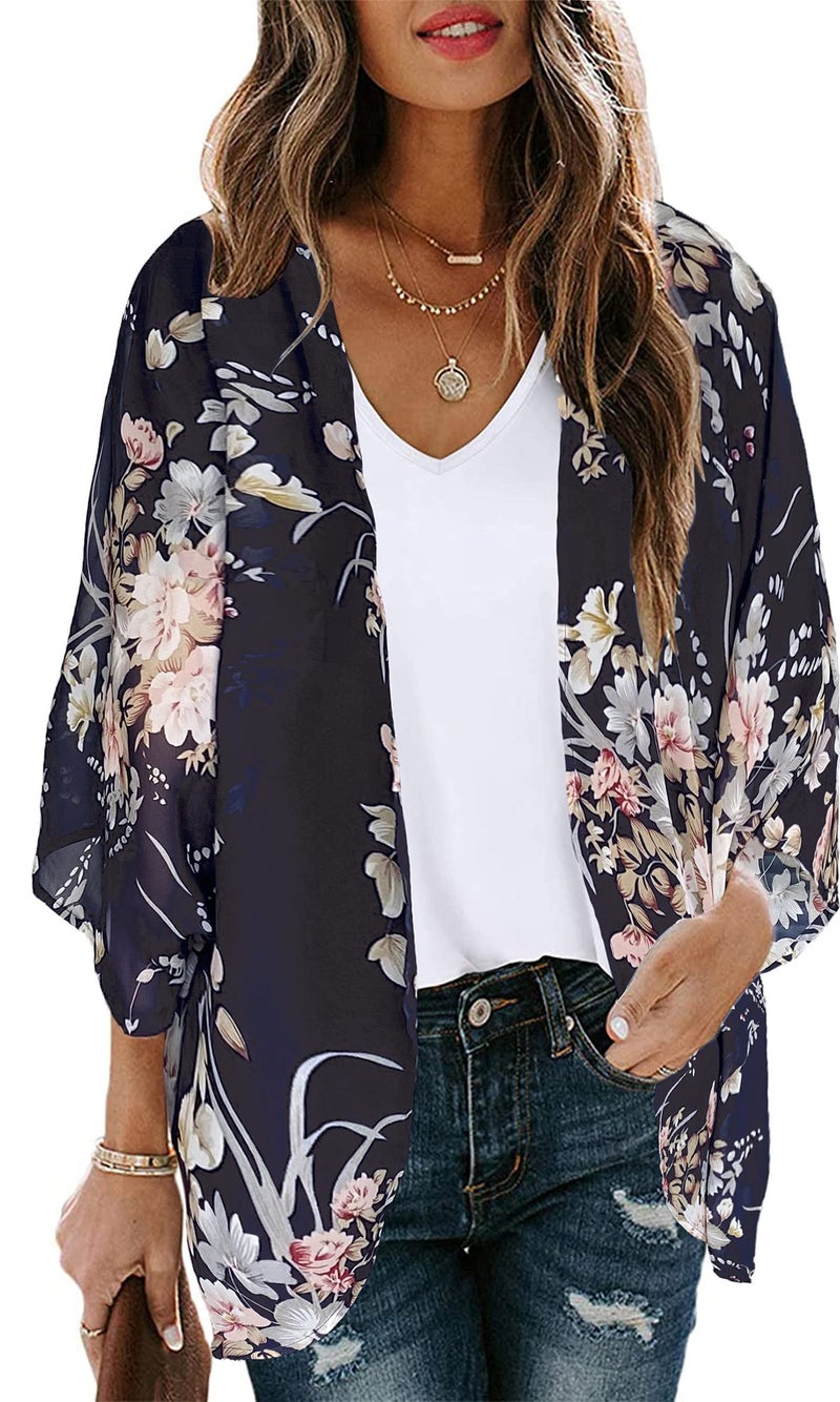 CHICGAL Kimono Cardigans for Women Floral Print 3/4 Sleeve Loose Cover Up Casual Blouse Tops (Navy Blue,2XL) - Image 1